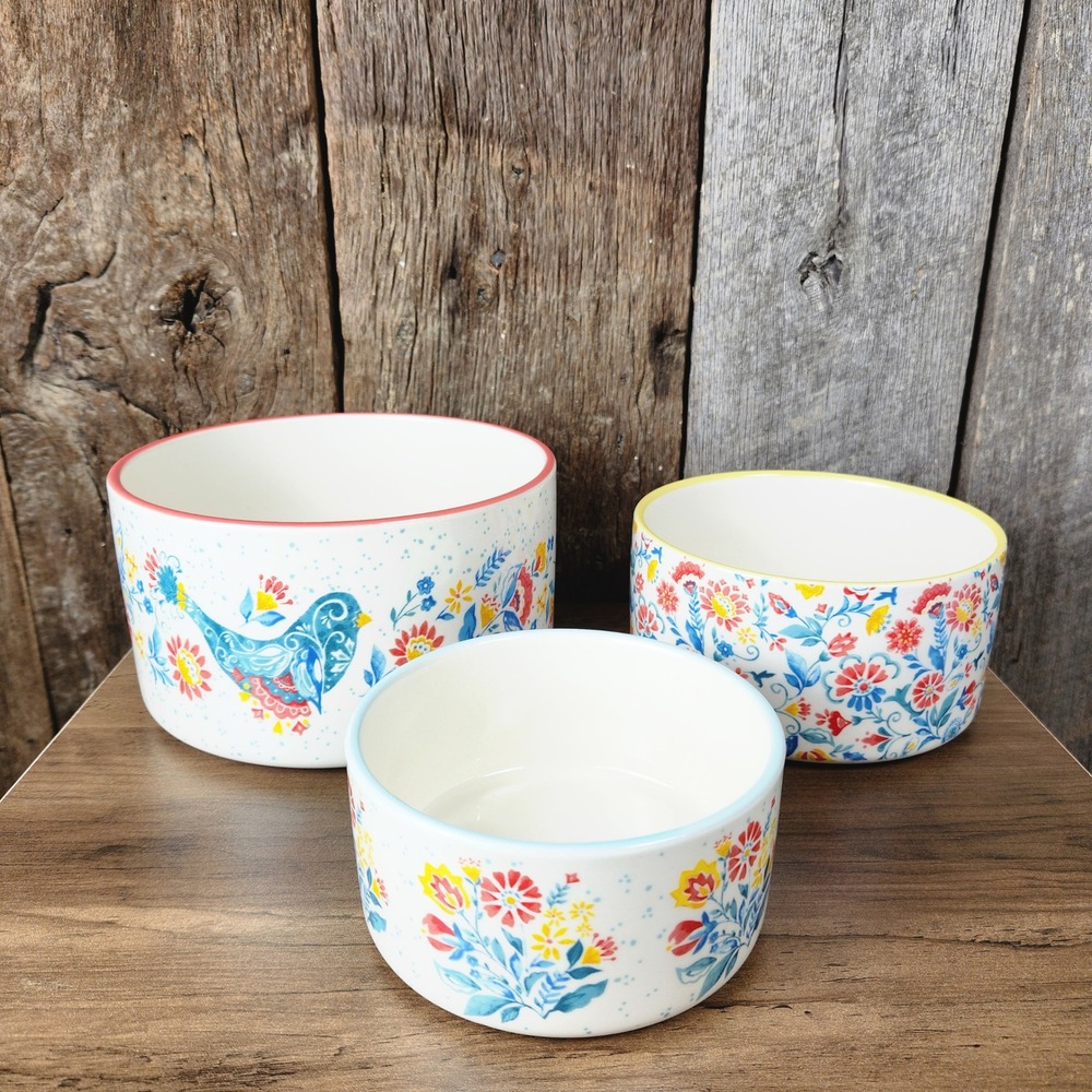 Pioneer Woman Stoneware Nesting Bowls Set of 3 Floral Bird Multi Color Farmhouse